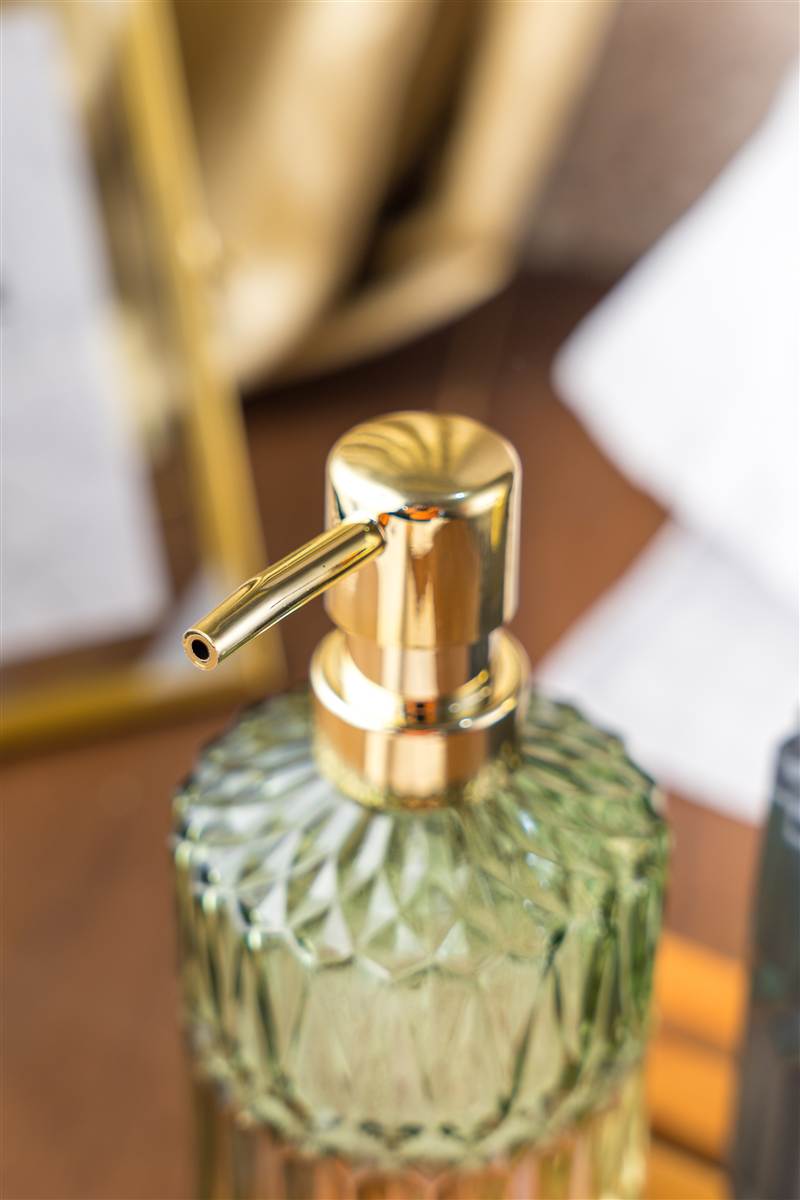 Green glass soap dispenser with gold pump, Emery