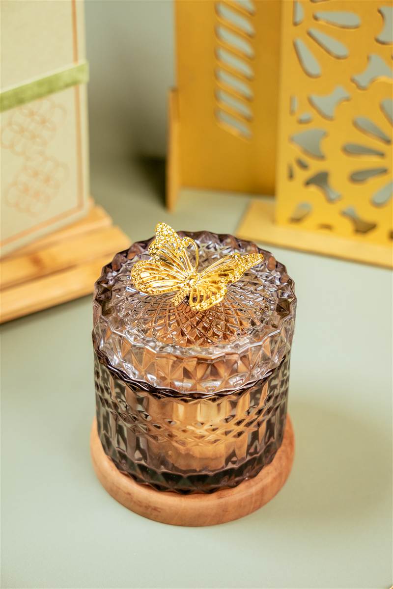 Smoked glass cookie jar with gold lid, Red Ribbon Ramadan