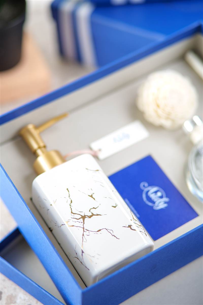 Blue gift box with soap dispenser and fragrance bottle, Red Ribbon wedding souvenir